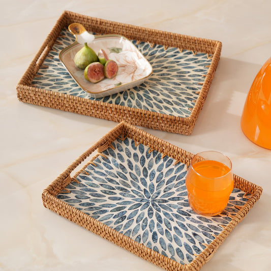 Rectangular Stone Art Tray with Blue Petal - Medium