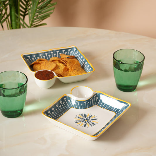 Navy & Yellow Scalloped Edge Snack Platter with Dip Bowl