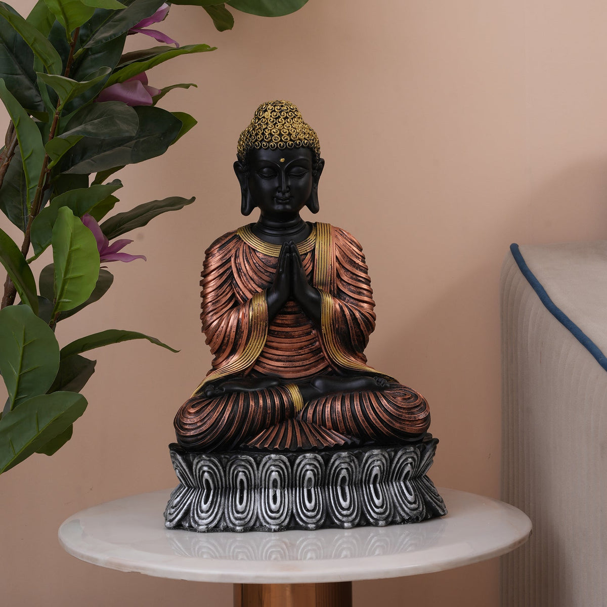 Serene Black & Bronze Greeting Buddha Statue