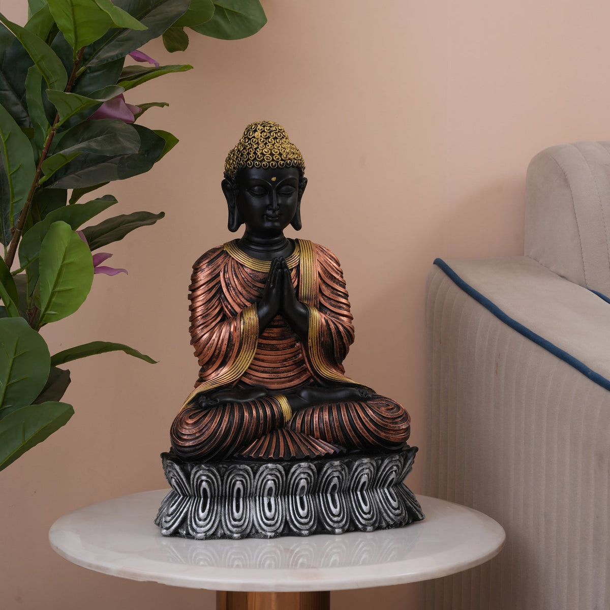 Serene Black & Bronze Greeting Buddha Statue
