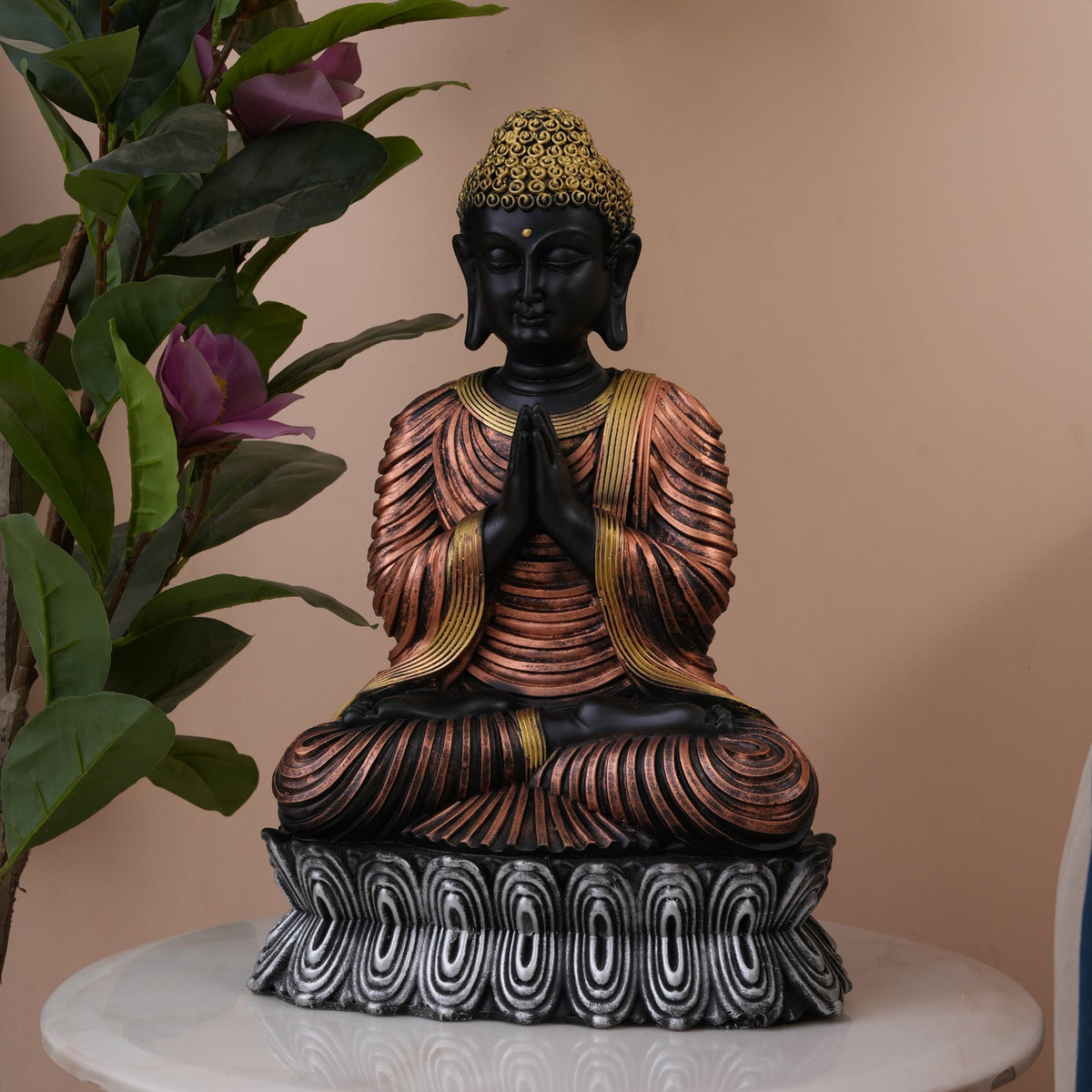 Serene Black & Bronze Greeting Buddha Statue
