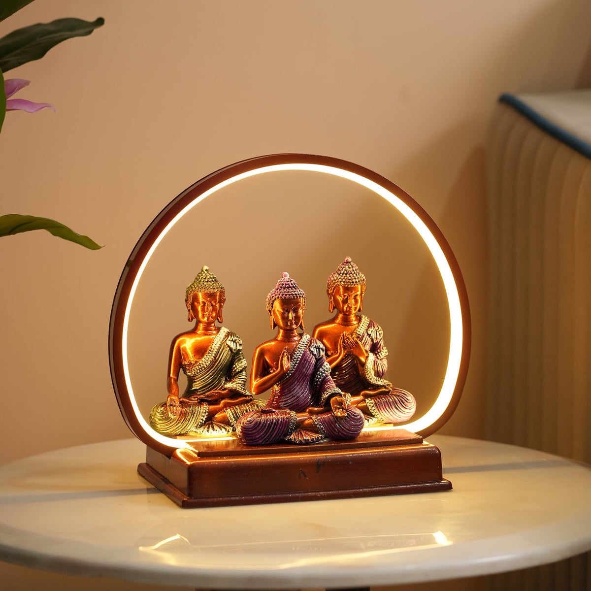 Set of 3 Meditating Buddha Statues with LED Arch Light