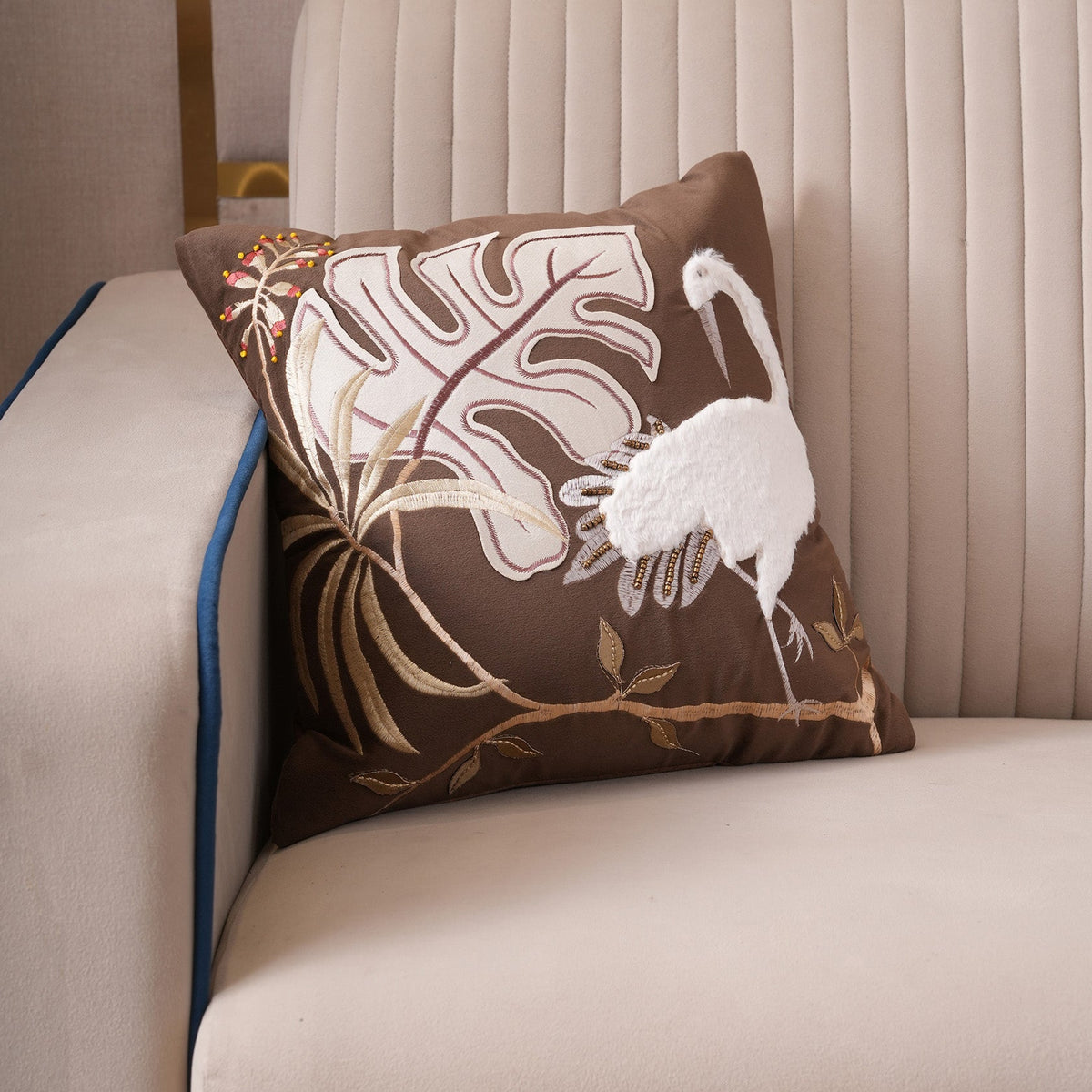 Tropical Crane Embroidered Cushion Cover