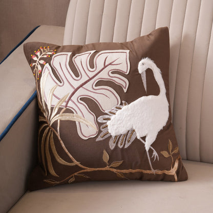 Tropical Crane Embroidered Cushion Cover
