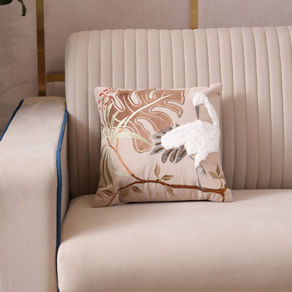Tropical Crane Embroidered Cushion Cover