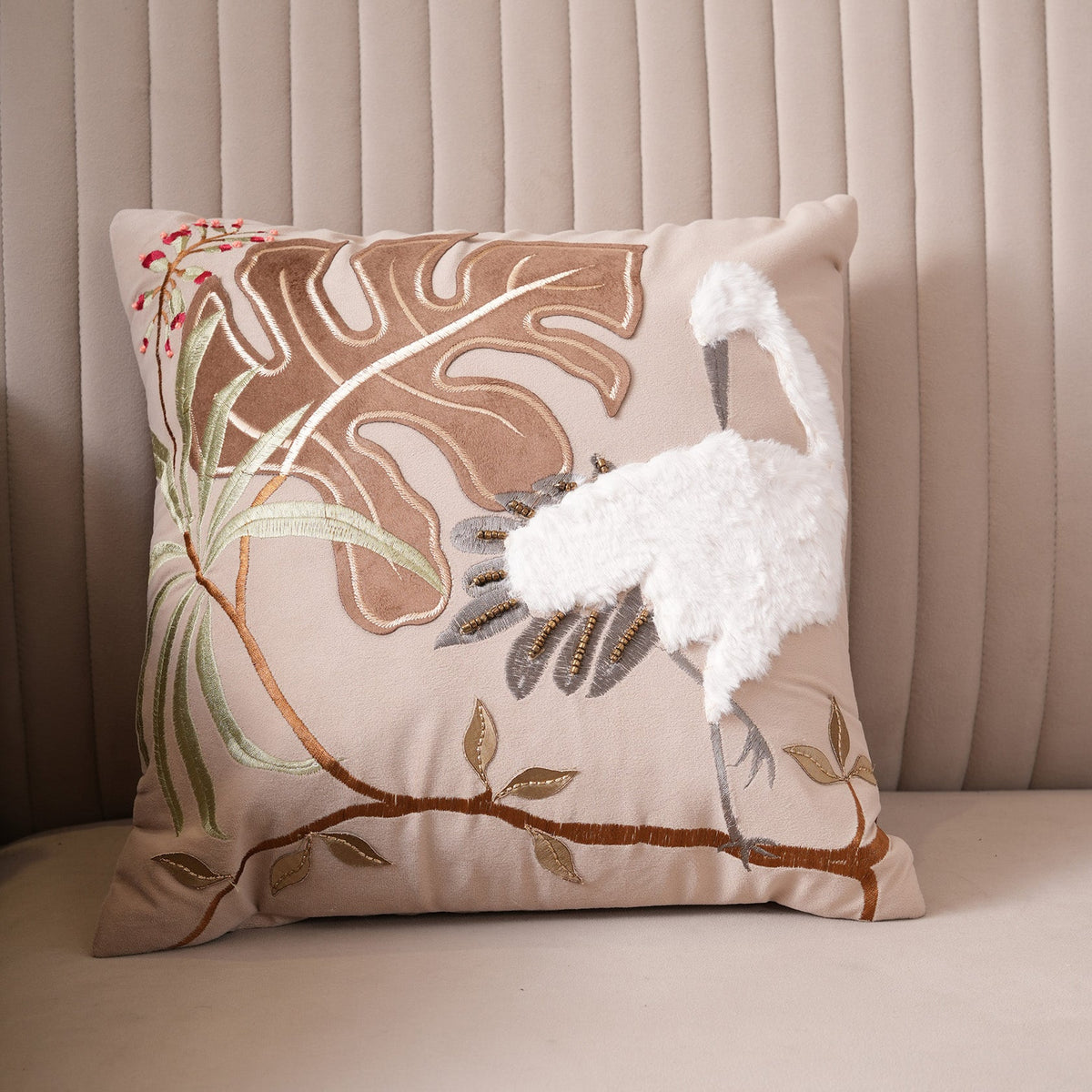 Tropical Crane Embroidered Cushion Cover