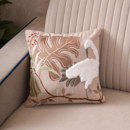 Tropical Crane Embroidered Cushion Cover