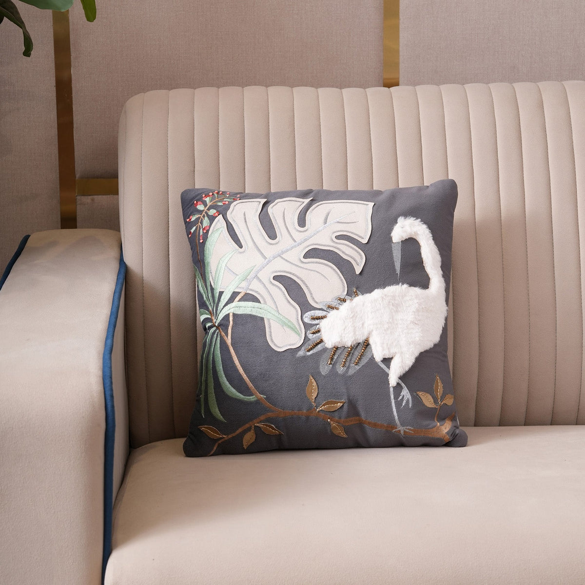 Tropical Crane Embroidered Cushion Cover