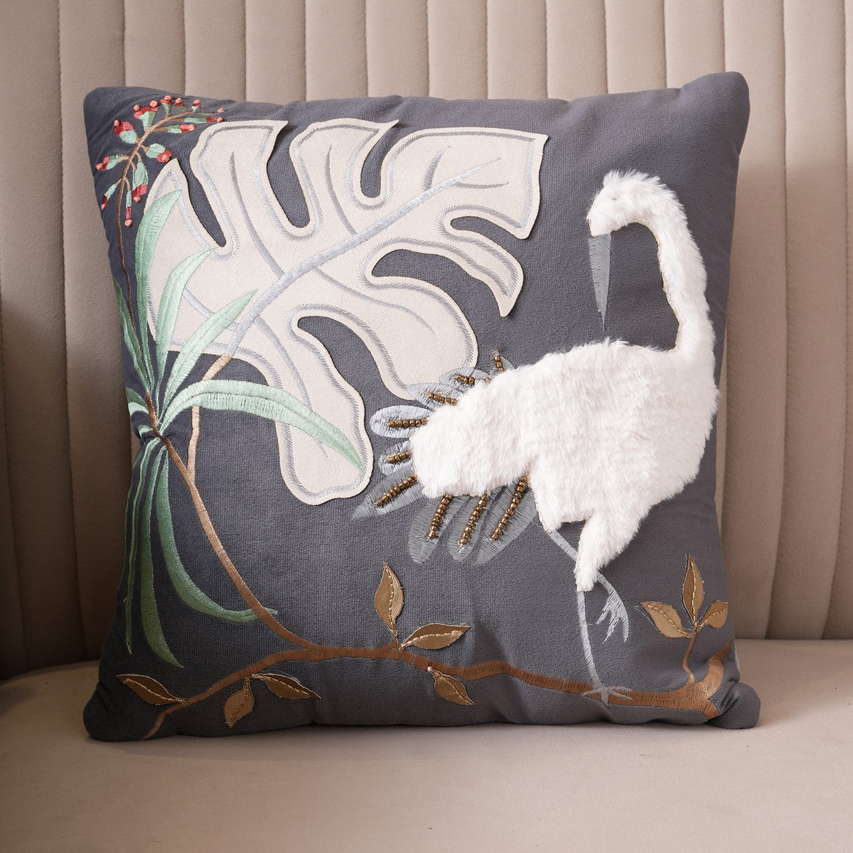 Tropical Crane Embroidered Cushion Cover