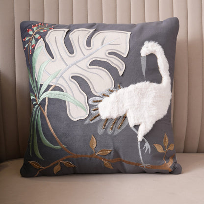 Tropical Crane Embroidered Cushion Cover