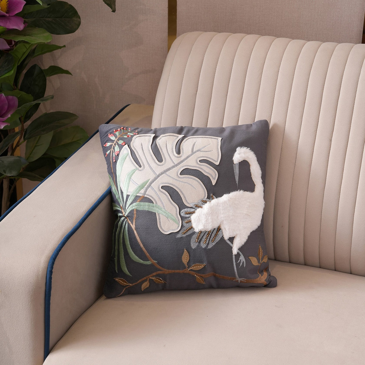 Tropical Crane Embroidered Cushion Cover