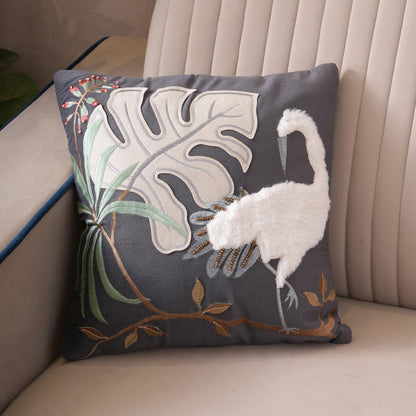 Tropical Crane Embroidered Cushion Cover