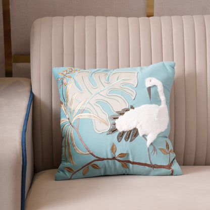 Tropical Crane Embroidered Cushion Cover