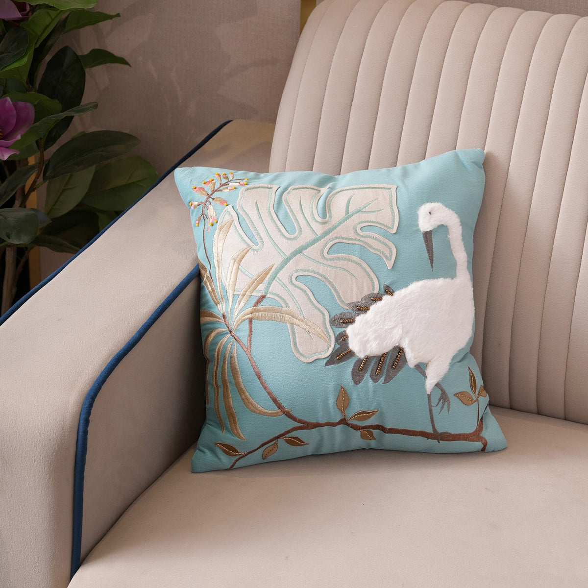 Tropical Crane Embroidered Cushion Cover