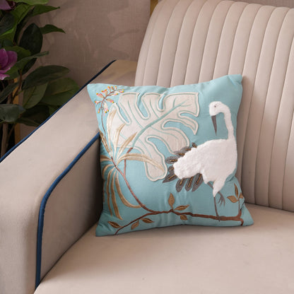 Tropical Crane Embroidered Cushion Cover