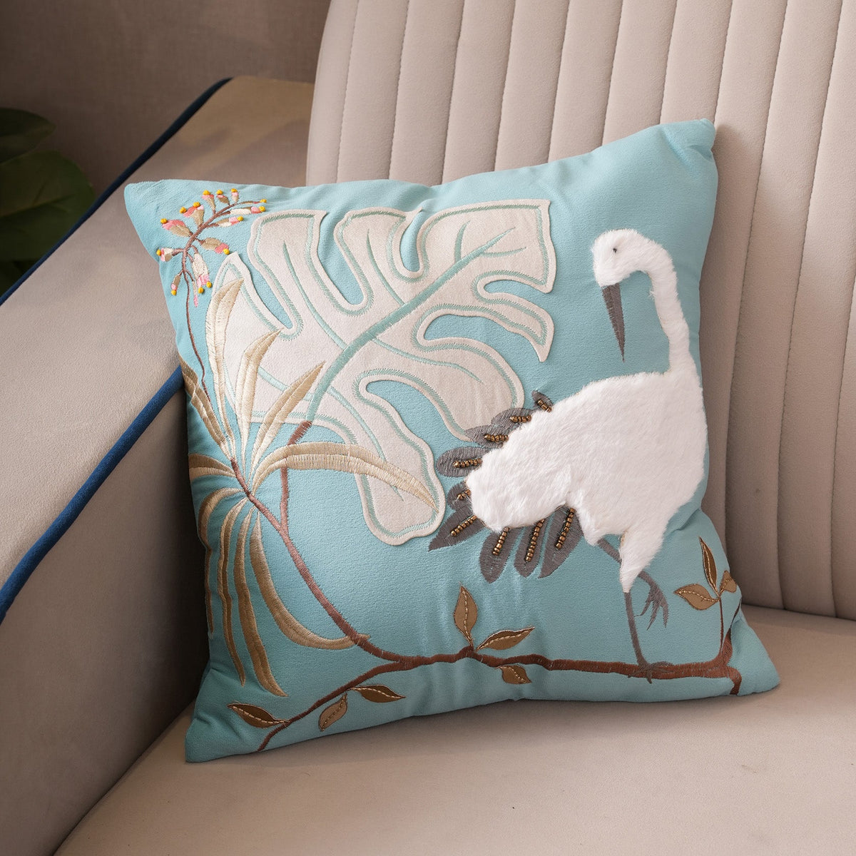 Tropical Crane Embroidered Cushion Cover