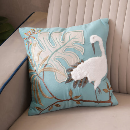 Tropical Crane Embroidered Cushion Cover