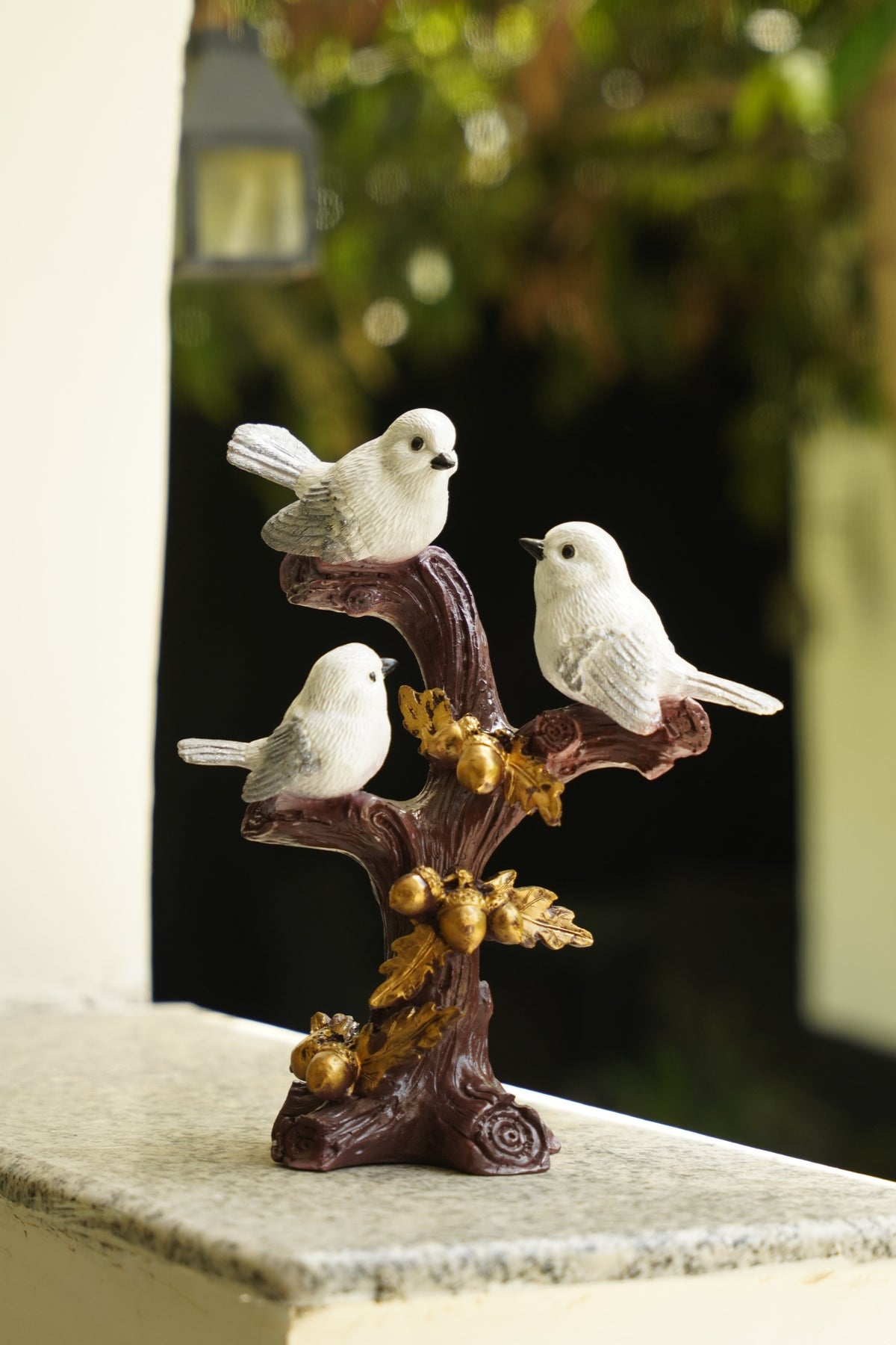 Trio of Rustic Birds on Gilded Branch - White