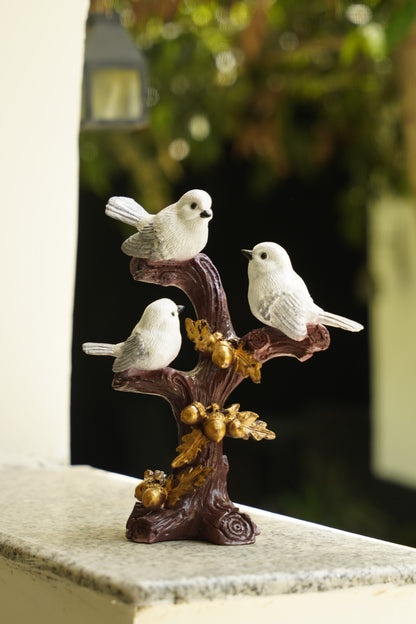 Trio of Rustic Birds on Gilded Branch - White