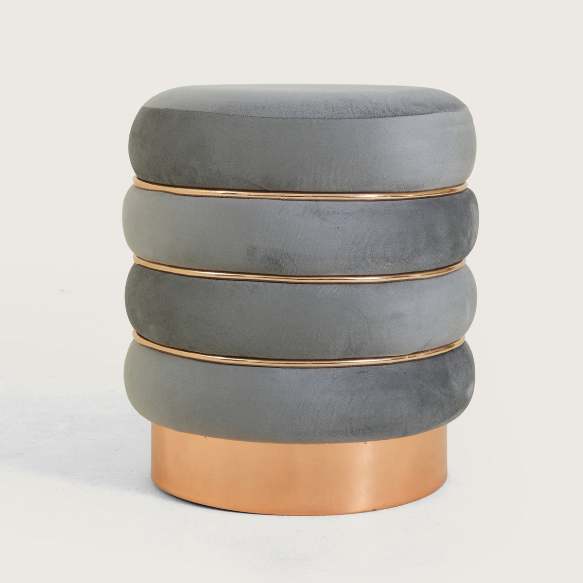 Stylish Velvet Round & Copper Bands Ottomans Footstools | Pouffe | Grey