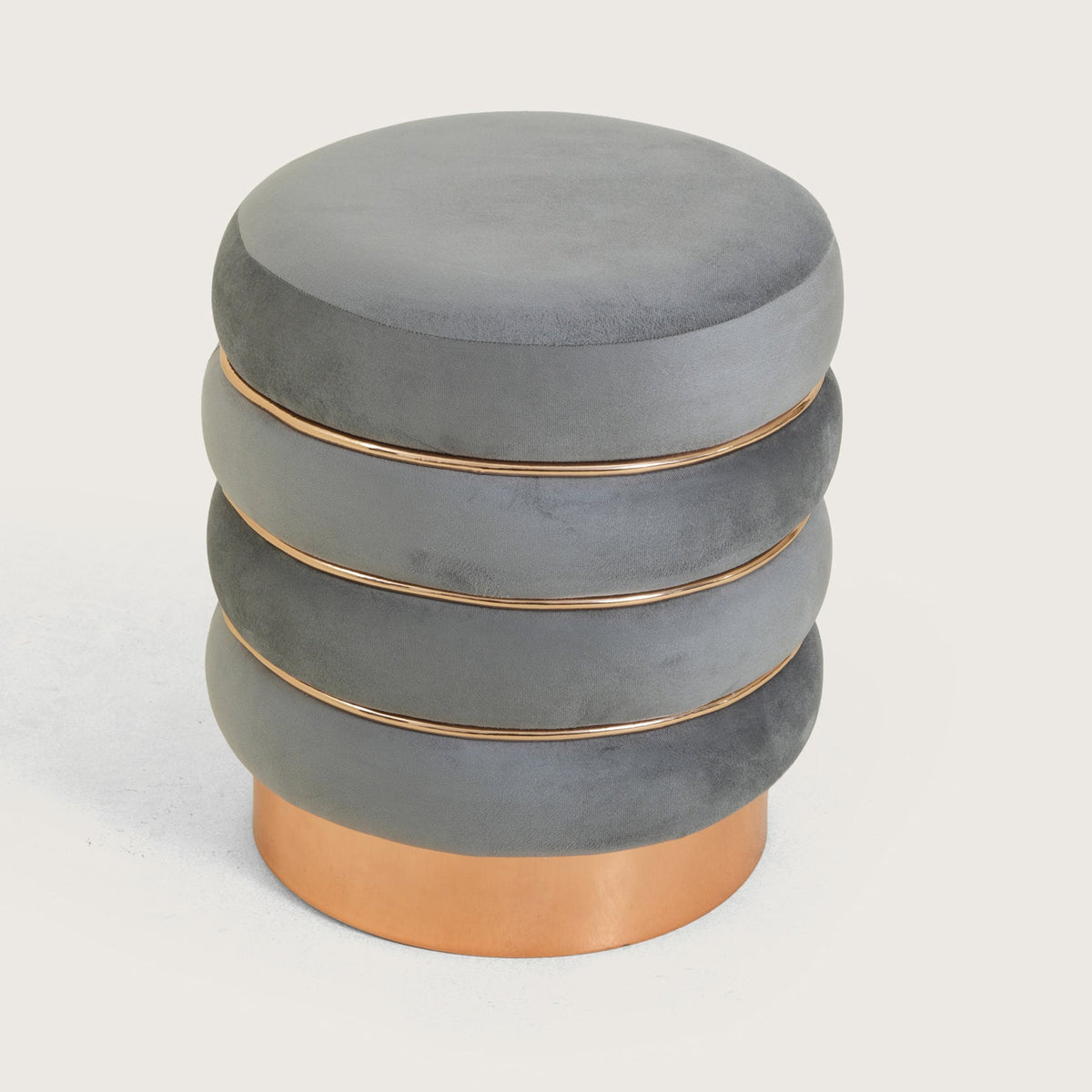 Stylish Velvet Round & Copper Bands Ottomans Footstools | Pouffe | Grey