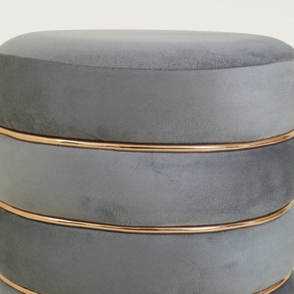 Stylish Velvet Round & Copper Bands Ottomans Footstools | Pouffe | Grey