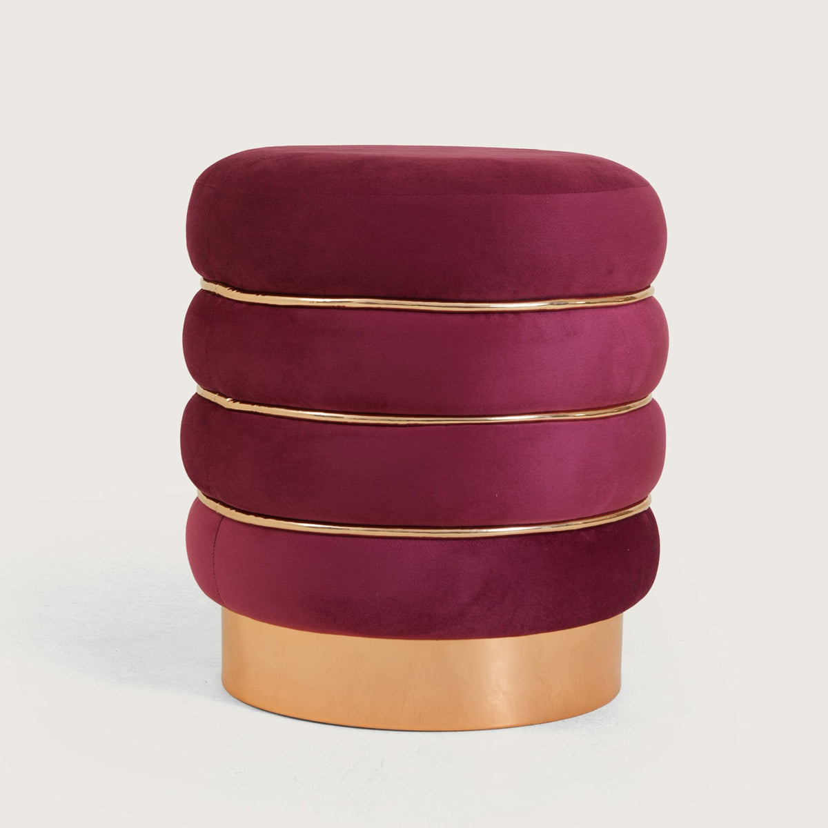 Stylish Velvet Round & Copper Bands Ottomans Footstools | Pouffe | Burgundy