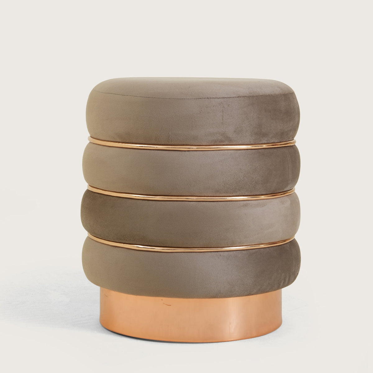 Stylish Velvet Round & Copper Bands Ottomans Footstools | Pouffe | Taupe