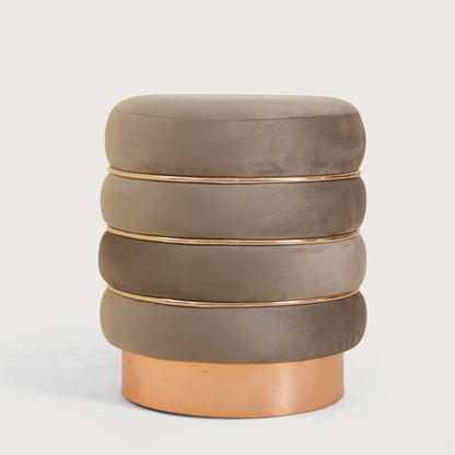 Stylish Velvet Round & Copper Bands Ottomans Footstools | Pouffe | Taupe