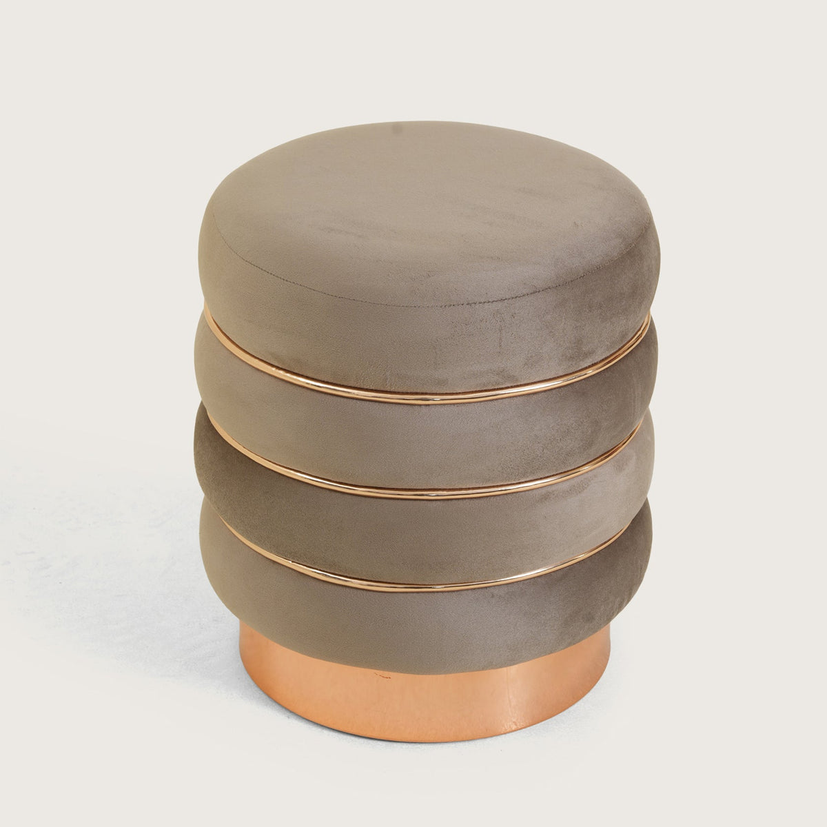 Stylish Velvet Round & Copper Bands Ottomans Footstools | Pouffe | Taupe