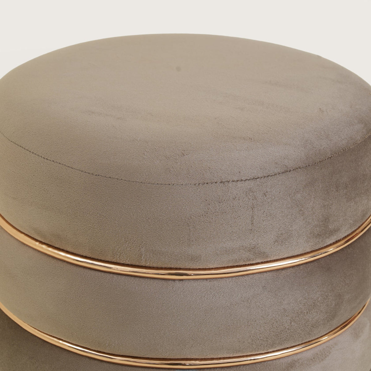Stylish Velvet Round & Copper Bands Ottomans Footstools | Pouffe | Taupe