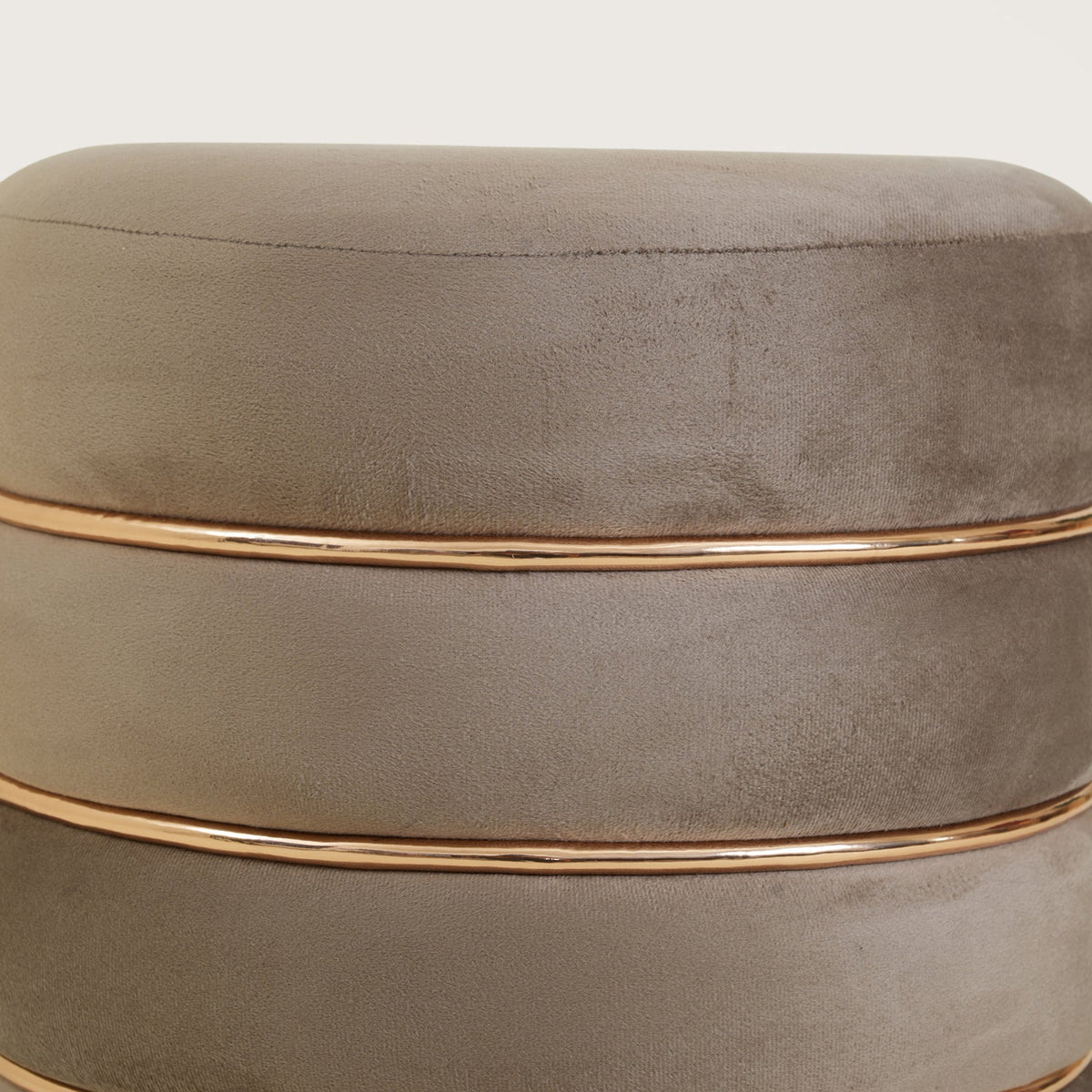 Stylish Velvet Round & Copper Bands Ottomans Footstools | Pouffe | Taupe