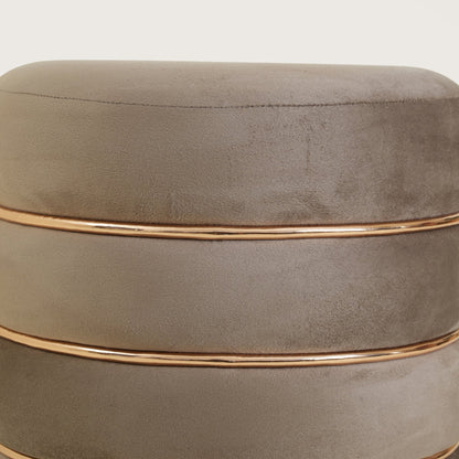 Stylish Velvet Round & Copper Bands Ottomans Footstools | Pouffe | Taupe