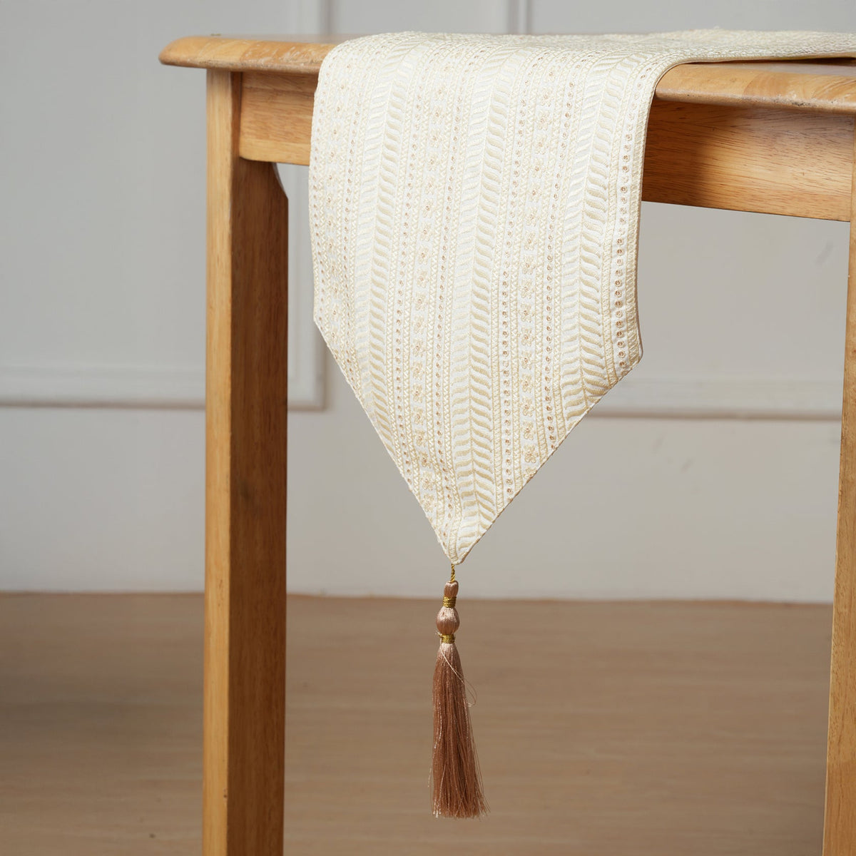 Decorative Table Runner with Tassels - Beige