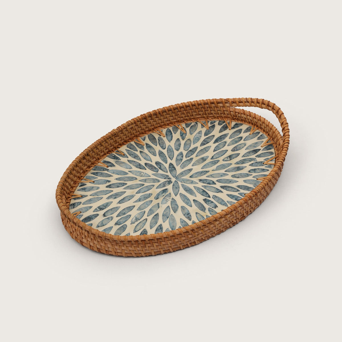 Oval Stone Art Tray with Blue Petal - Medium