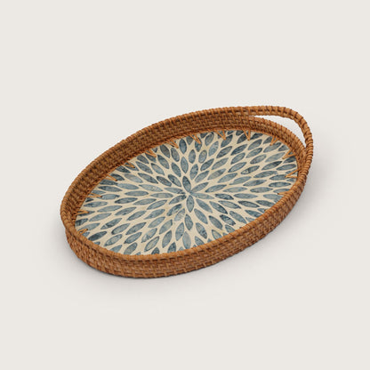 Oval Stone Art Tray with Blue Petal - Large