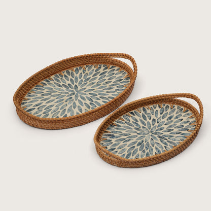 Oval Stone Art Tray with Blue Petal - Medium