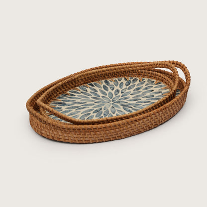 Oval Stone Art Tray with Blue Petal - Large