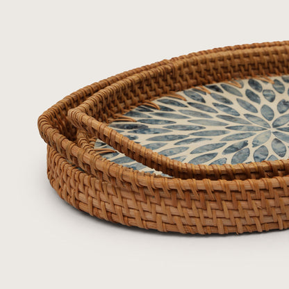 Oval Stone Art Tray with Blue Petal - Medium