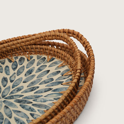 Oval Stone Art Tray with Blue Petal - Large