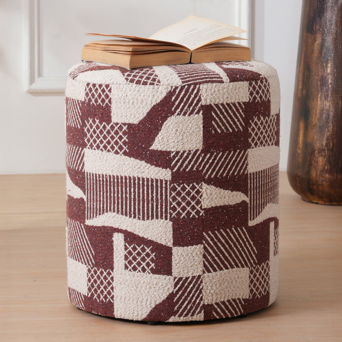 Pattern Printed Ottomans Footstools Burgundy & Cream