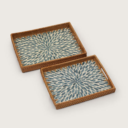 Rectangular Stone Art Tray with Blue Petal - Medium