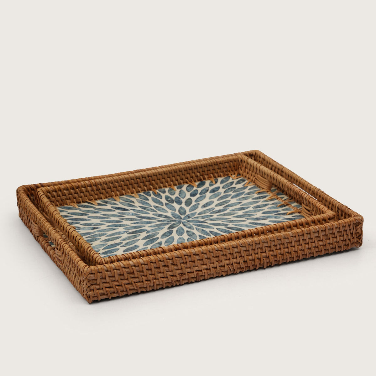 Rectangular Stone Art Tray with Blue Petal - Large
