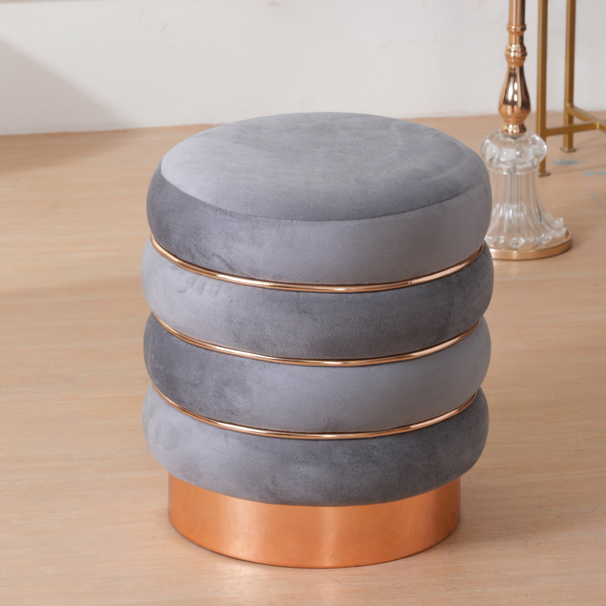 Stylish Velvet Round & Copper Bands Ottomans Footstools | Pouffe | Grey
