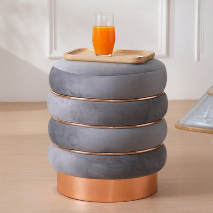 Stylish Velvet Round & Copper Bands Ottomans Footstools | Pouffe | Grey