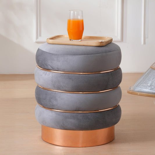 Stylish Velvet Round & Copper Bands Ottomans Footstools | Pouffe | Grey