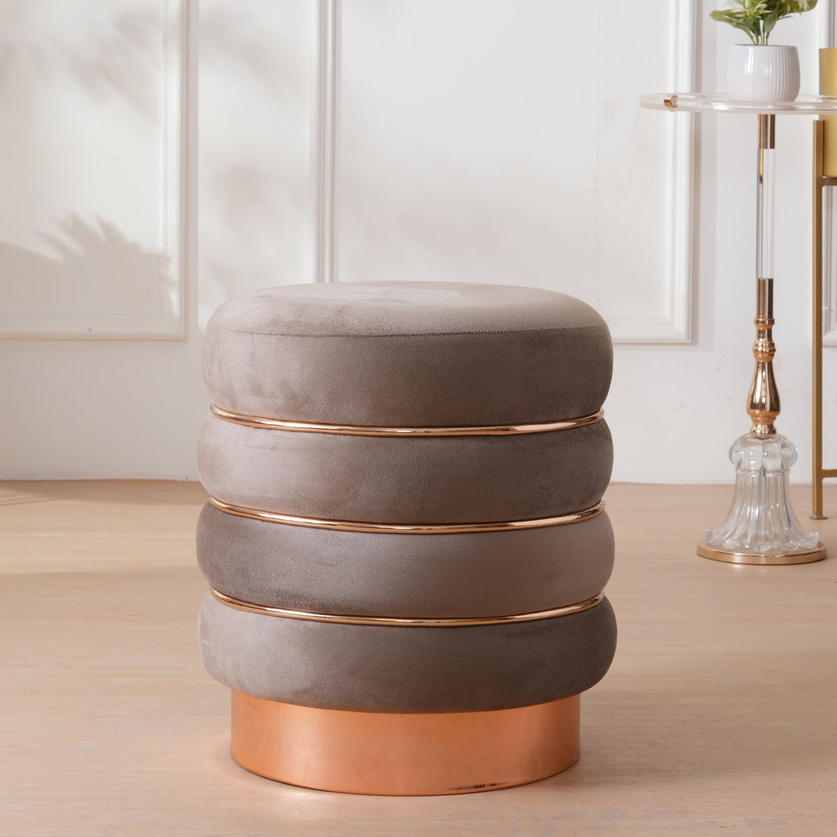 Stylish Velvet Round & Copper Bands Ottomans Footstools | Pouffe | Taupe