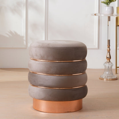 Stylish Velvet Round & Copper Bands Ottomans Footstools | Pouffe | Taupe