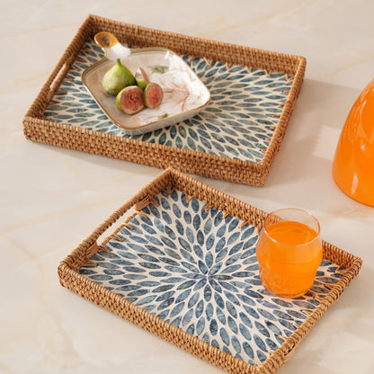 Rectangular Stone Art Tray with Blue Petal - Medium