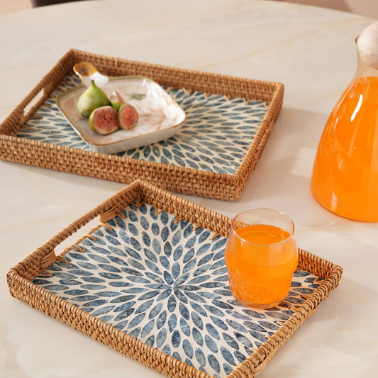 Rectangular Stone Art Tray with Blue Petal - Large